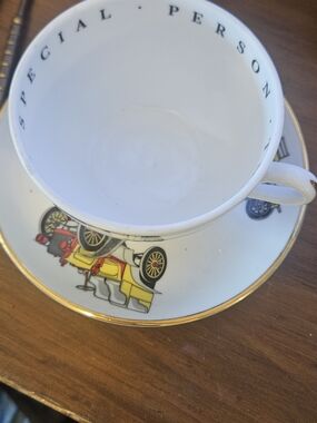Princess House White Teacup & Saucer with Vintage Car Motif and Gold Trim